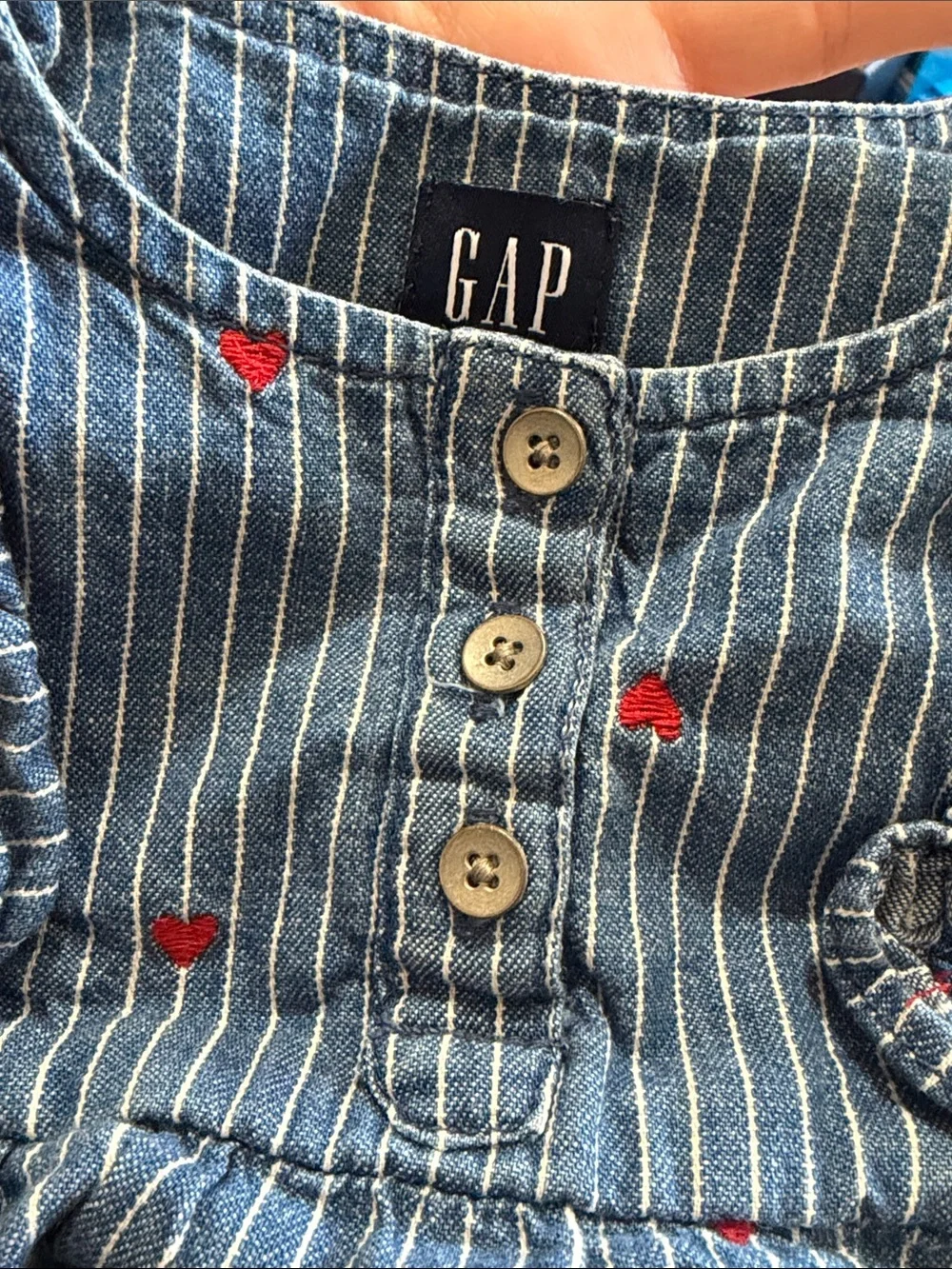 GAP Blue Pinstripe Baby Romper with Red Heart Accents